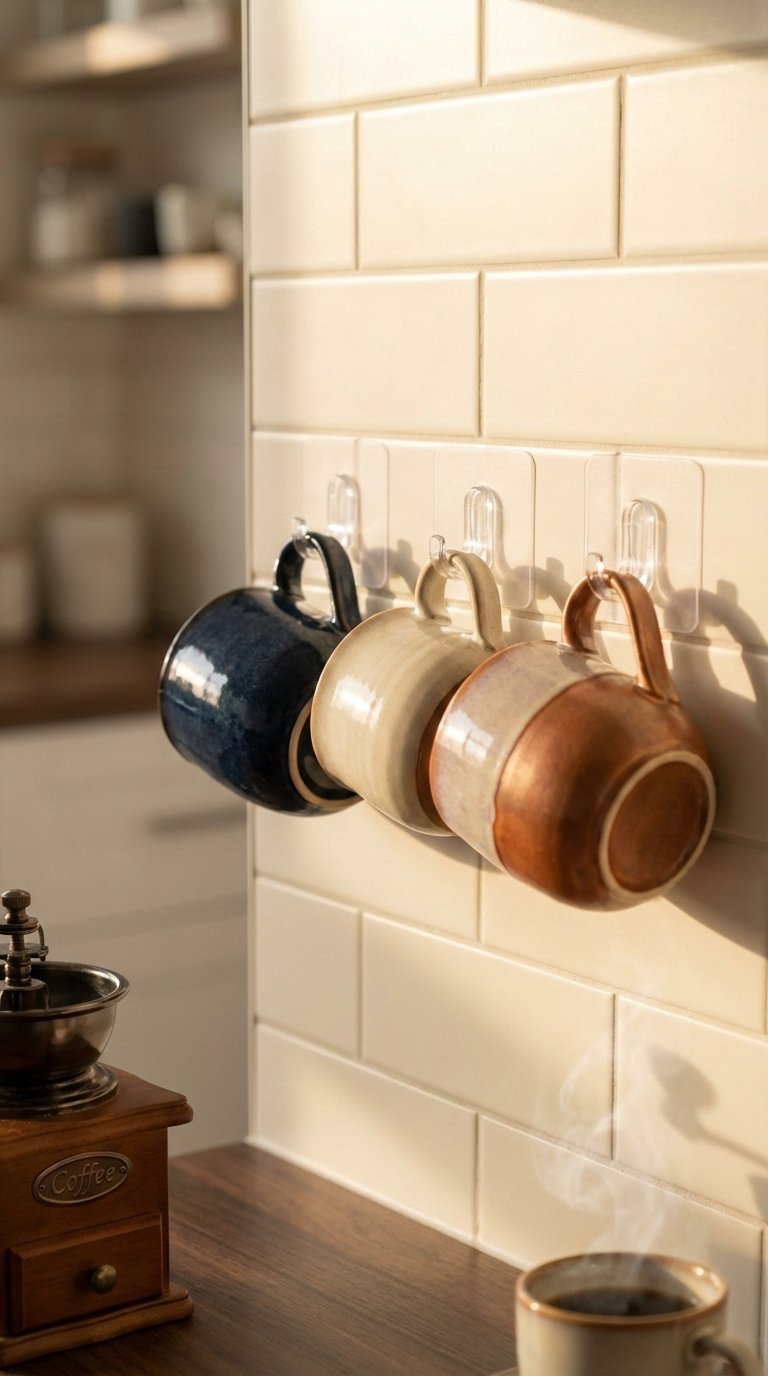 Wall-mounted coffee mug display with ceramic mugs hanging on adhesive hooks above subway tile backsplash