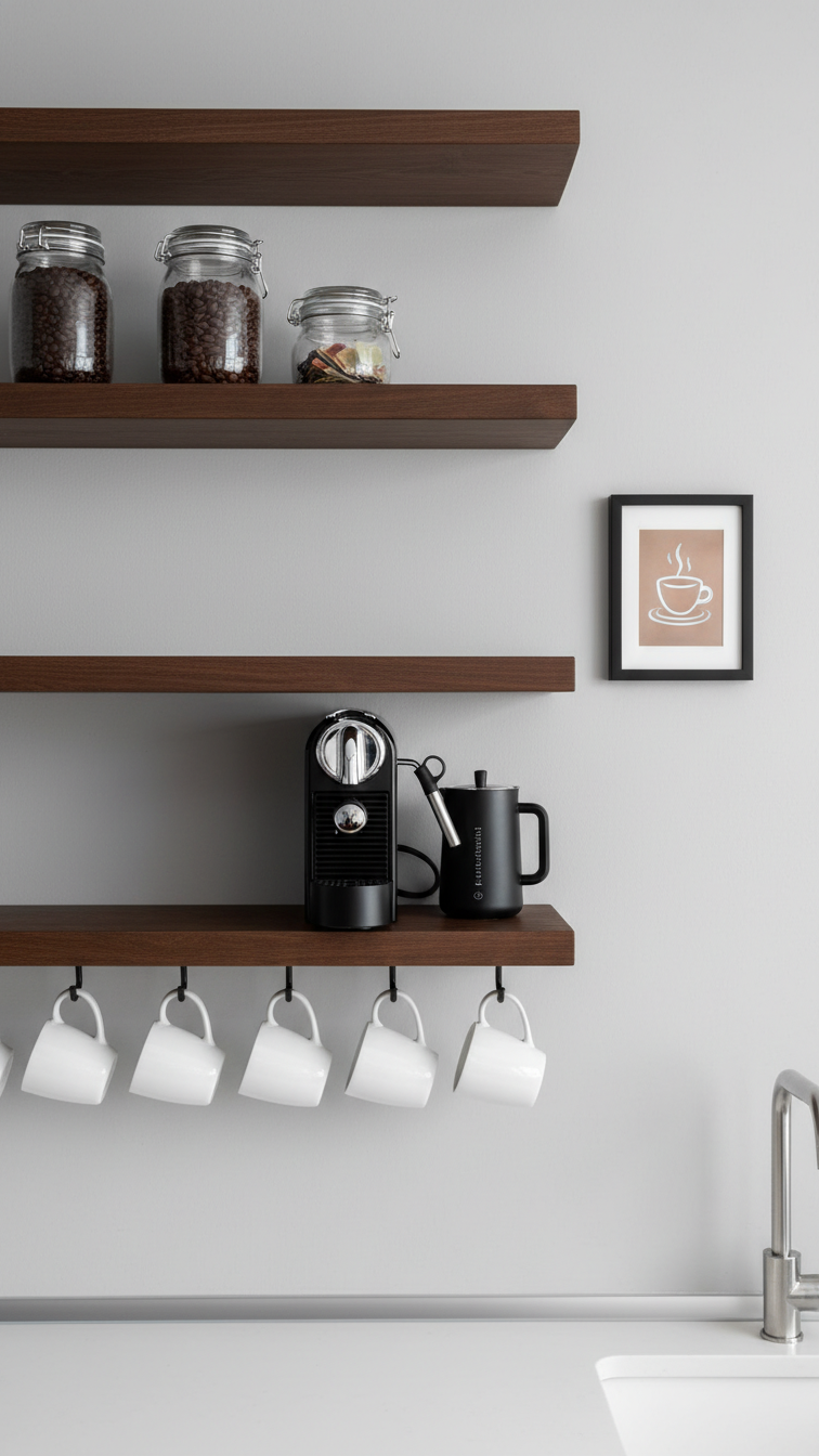 Wall-mounted dark wood floating shelves with espresso machine, mugs, and coffee jars in minimalist office kitchen arrangement