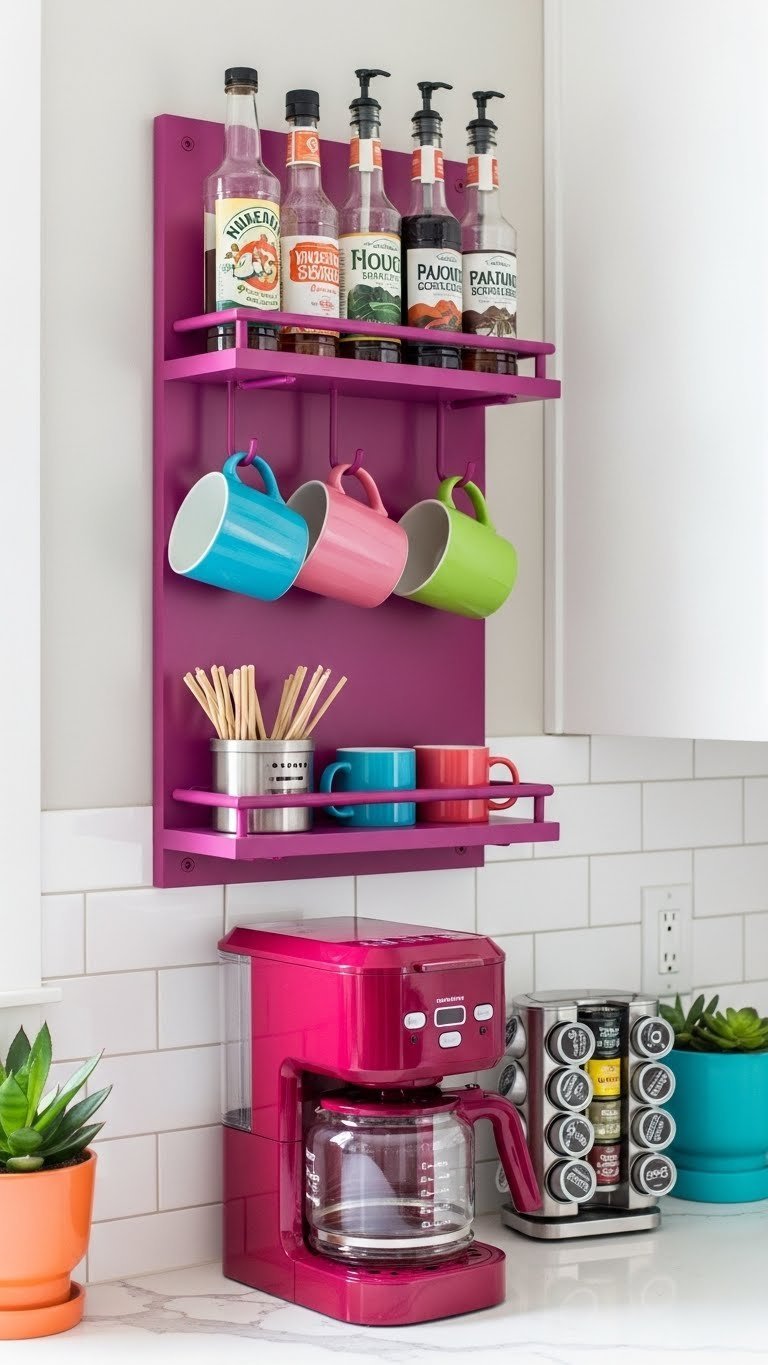 Wall-mounted magenta coffee display with compact coffee maker and colorful suspended mugs
