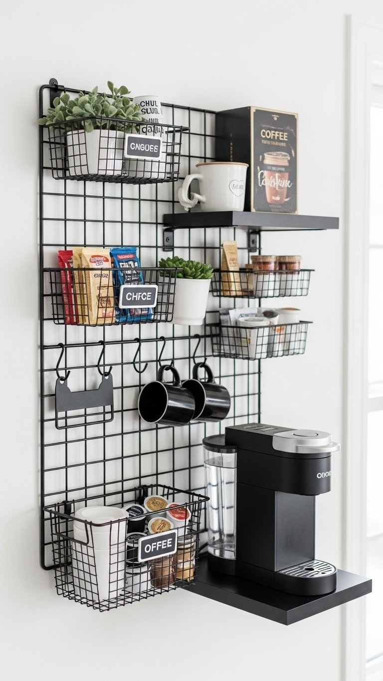Wall-mounted organizer coffee bar with black metal grids, white baskets, and single-cup coffee maker for small spaces
