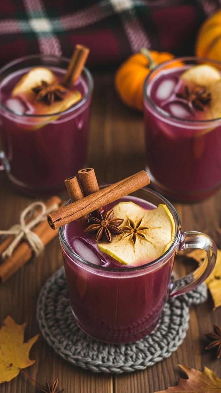 Warm Spiced Apple Cider Purple Lotus drink in rustic mug with cinnamon stick and dried apple garnish