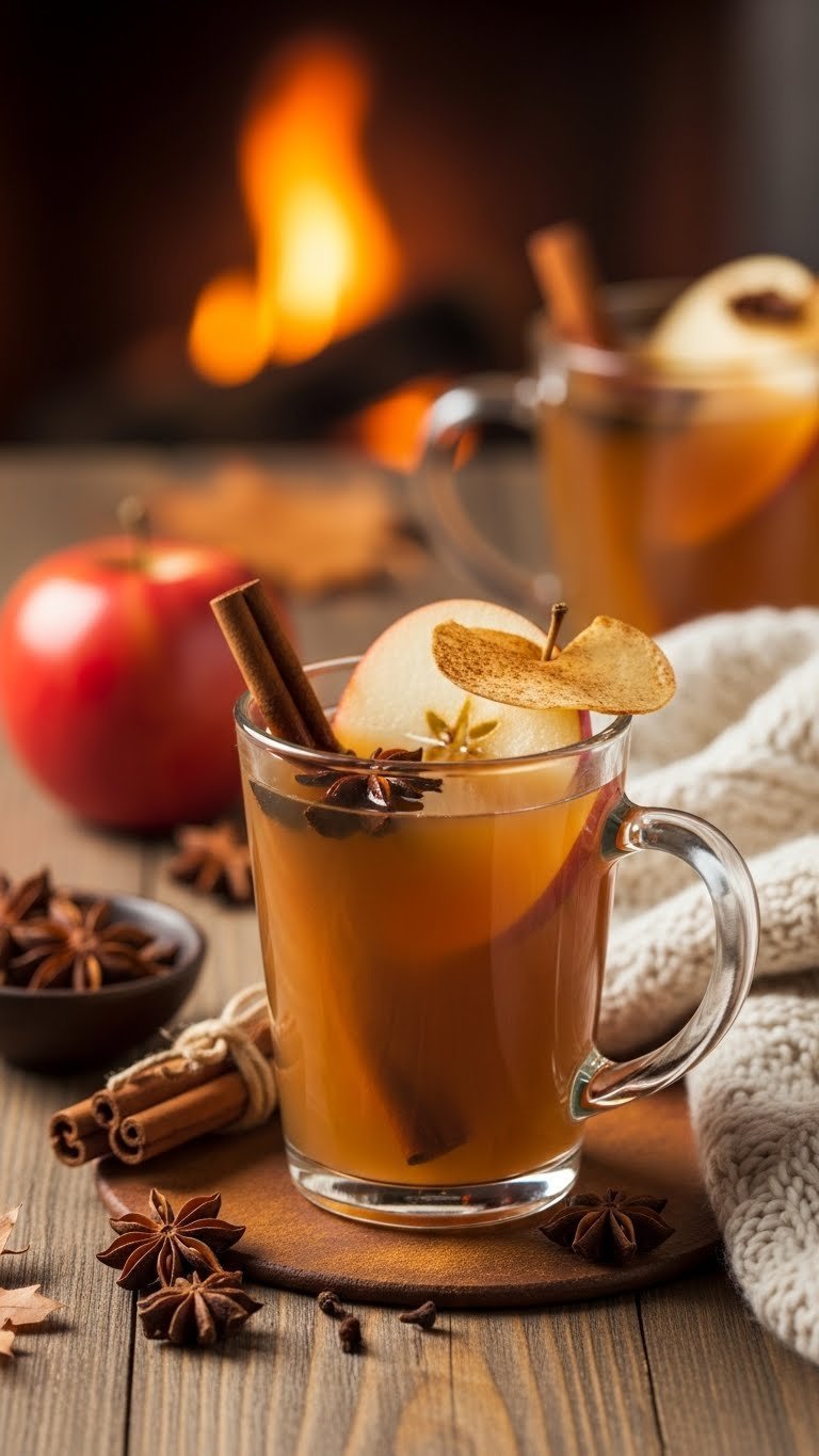 Warm Spiced Apple Cider mocktail in rustic mug with cinnamon stick garnish on wooden table in autumn setting