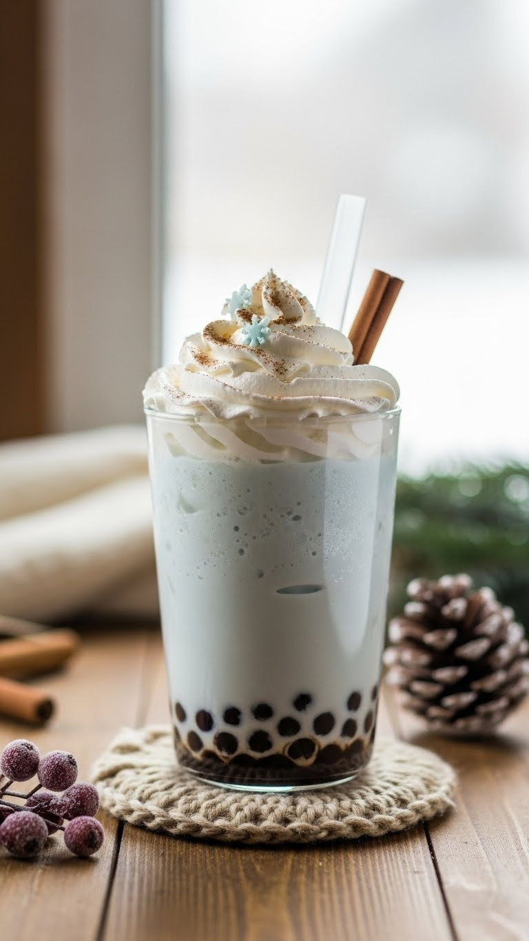 Warm Winter Wonderland boba tea with pale blue shimmer and snowflake toppings on rustic wooden table