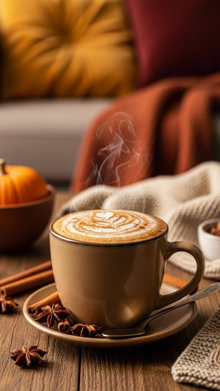 Warm ceramic mug of dirty chai latte with espresso swirl and cinnamon topping