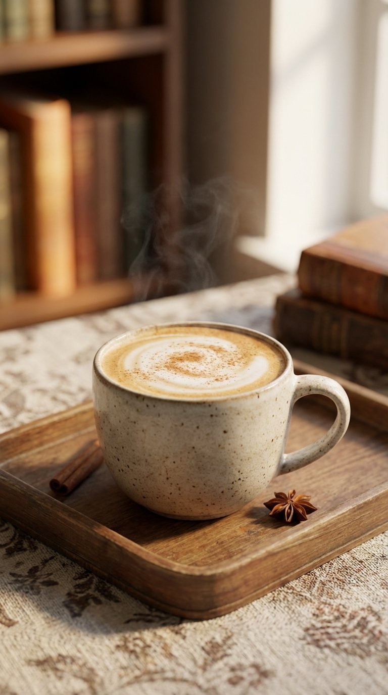 Warm chai tea latte in rustic ceramic mug with cinnamon sprinkle on vintage tray with star anise.
