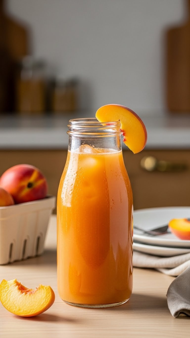 Warm fuzzy peach nectar in clear glass bottle with peach slice on rim in rustic kitchen setting with golden hour lighting
