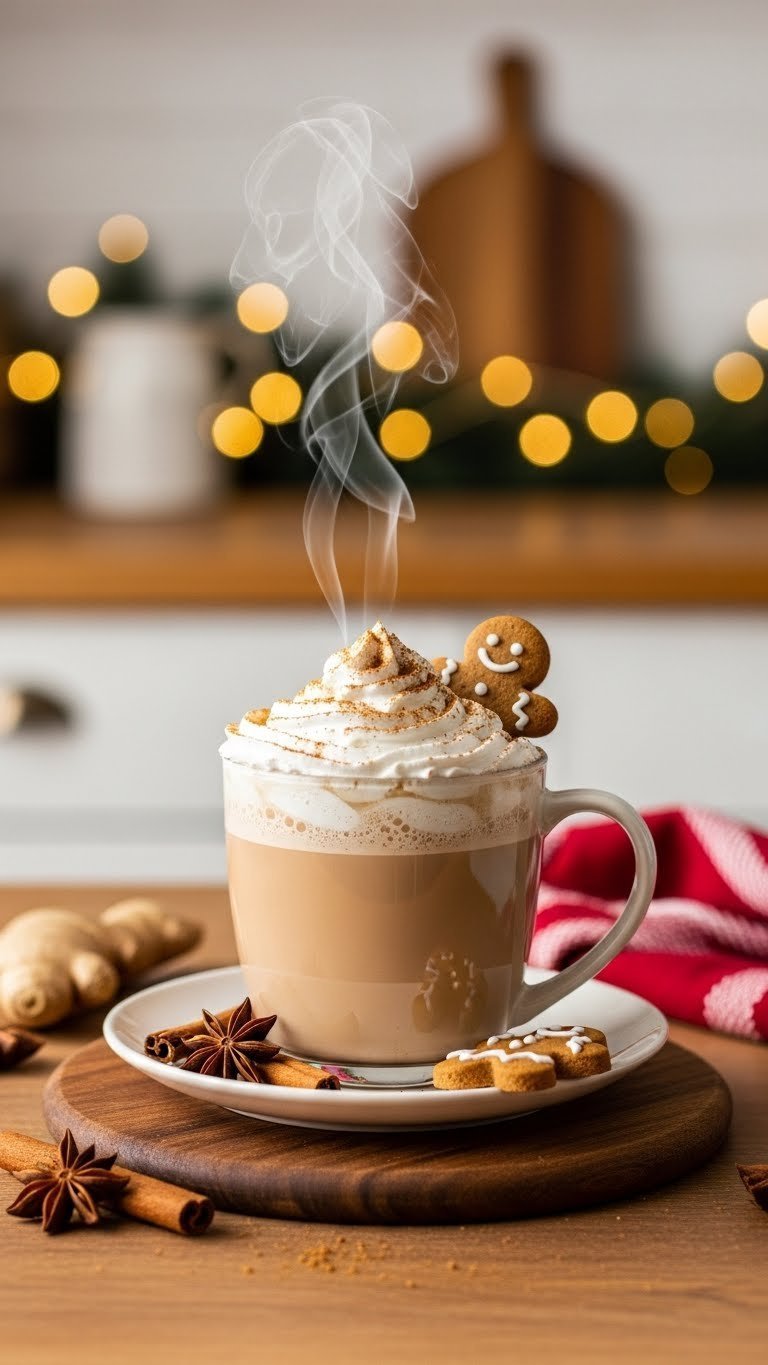 Warm gingerbread latte in festive ceramic mug with whipped cream and gingerbread cookie against holiday kitchen decor.