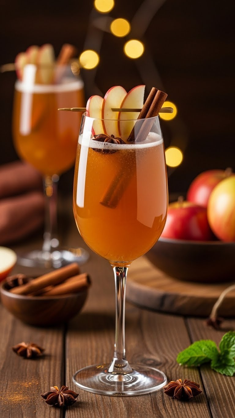Non-Alcoholic Sprite: 9 Easy Mocktail Ideas for Any Party 17 Warm golden-brown non-alcoholic Sparkling Apple Cider Mocktail garnished with apple slices and cinnamon stick