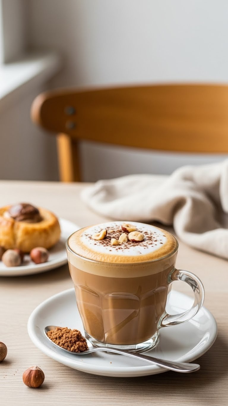 Warm hazelnut cappuccino in classic cup with frothy milk foam and cocoa powder dusting on light wooden table