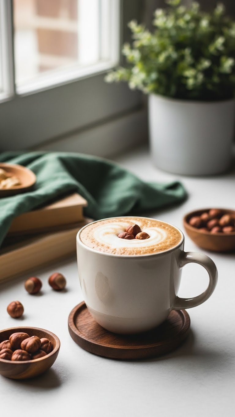 Warm hazelnut protein coffee mug garnished with whole hazelnuts on dark wooden coaster in minimalist workspace setting