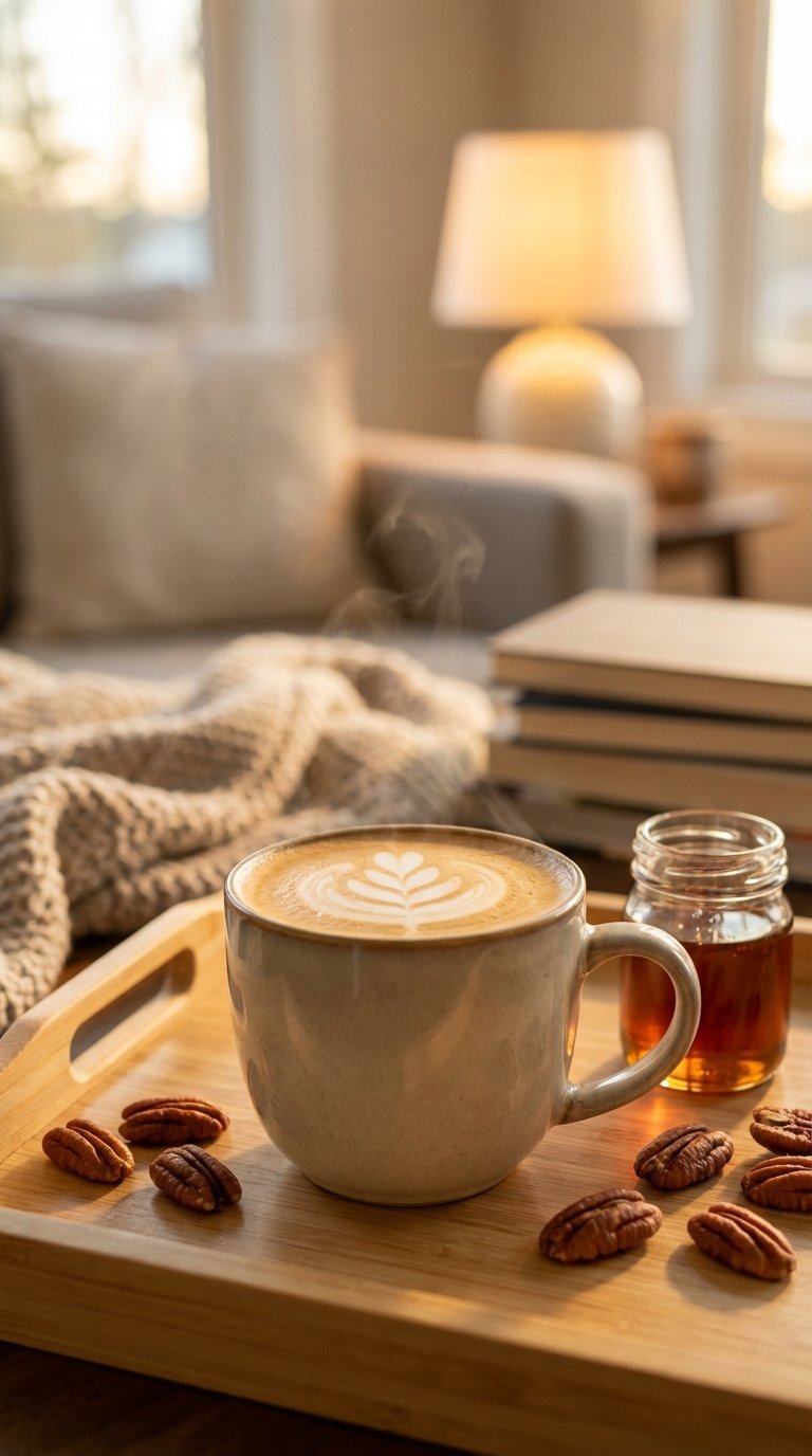 Warm maple pecan latte in ceramic mug with latte art leaf surrounded by pecans and maple syrup