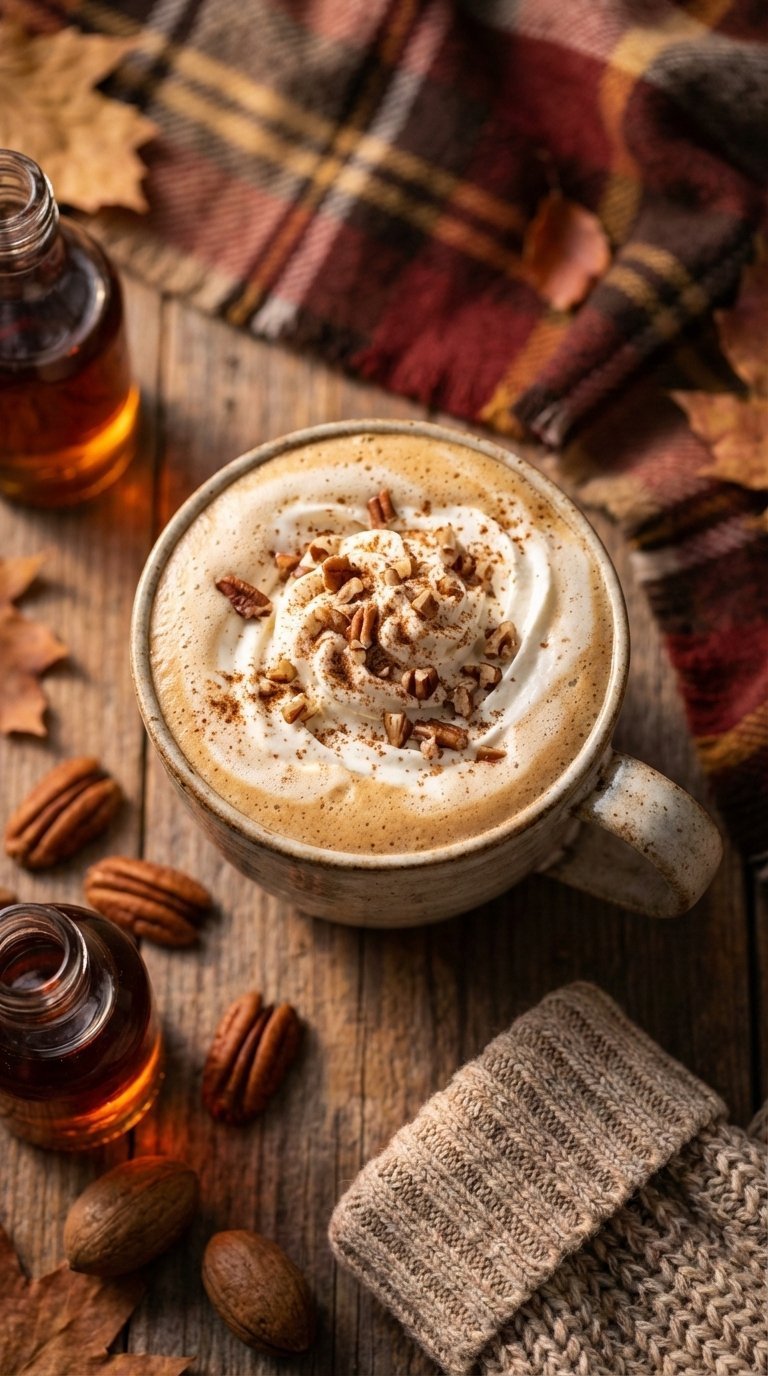 Warm maple pecan latte in rustic ceramic mug topped with whipped cream and chopped pecans for autumn vibe