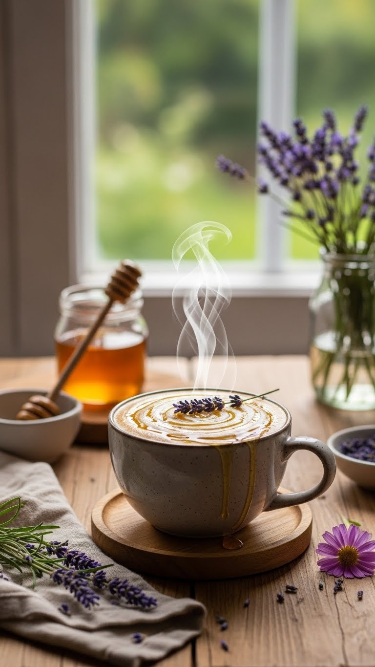 Warm mug of honey lavender coffee with golden honey drizzle and lavender garnish on wooden coaster with honey dipper