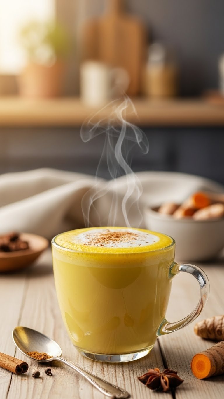 Warm mug of vibrant golden turmeric latte with foam topping and cinnamon sprinkle on wooden table