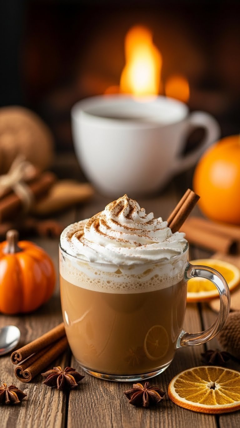 Warm pumpkin spice latte with whipped cream and cinnamon dusting in ceramic mug on farmhouse table with fall decor.
