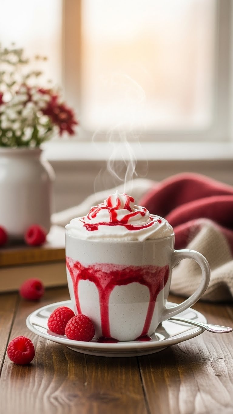 Warm raspberry white mocha in ceramic mug with whipped cream and fresh raspberries on rustic wooden table.