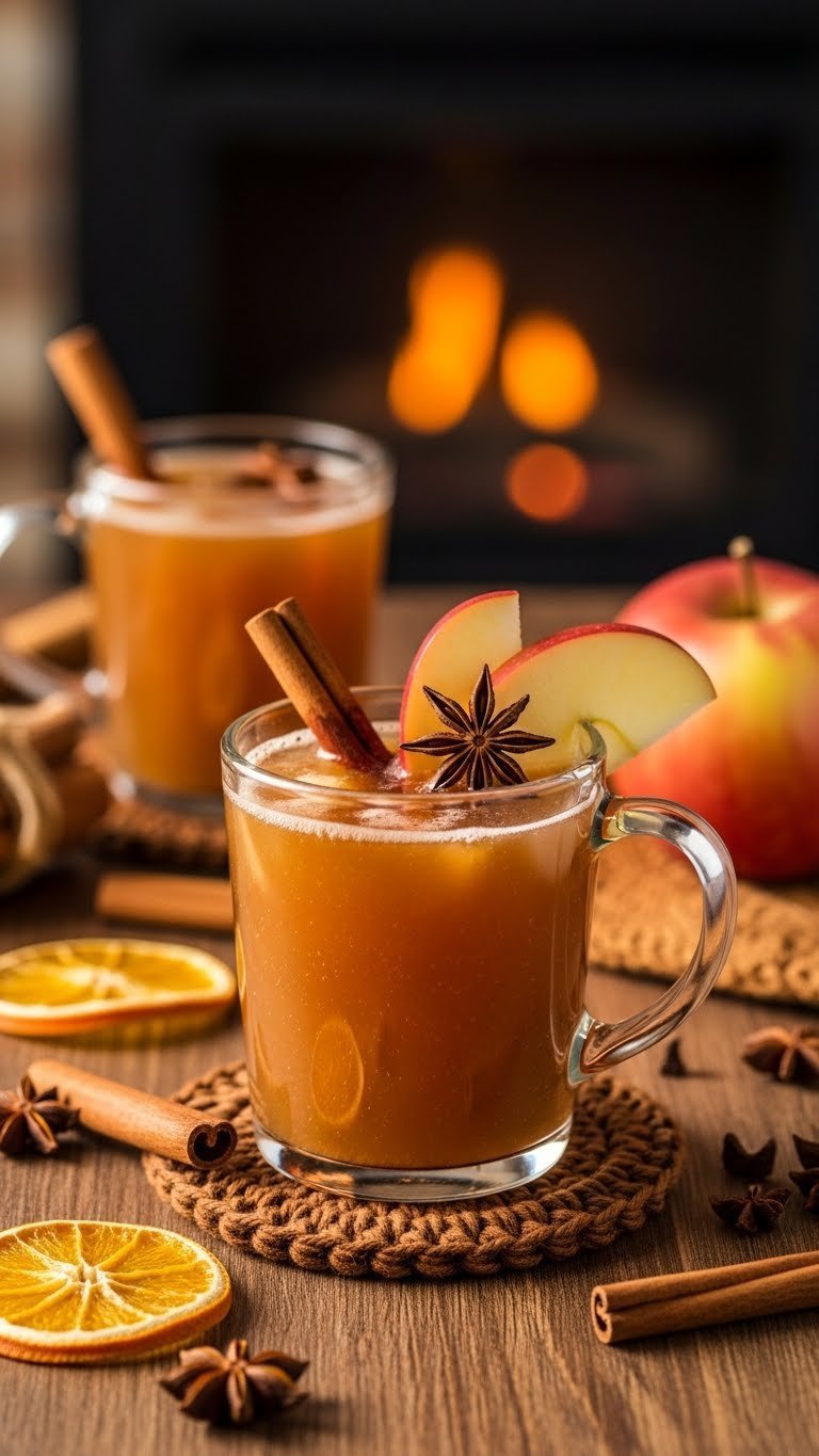 Warm spiced apple cider Italian soda in festive mug with cinnamon stick, apple slice, and star anise pod on rustic wooden table