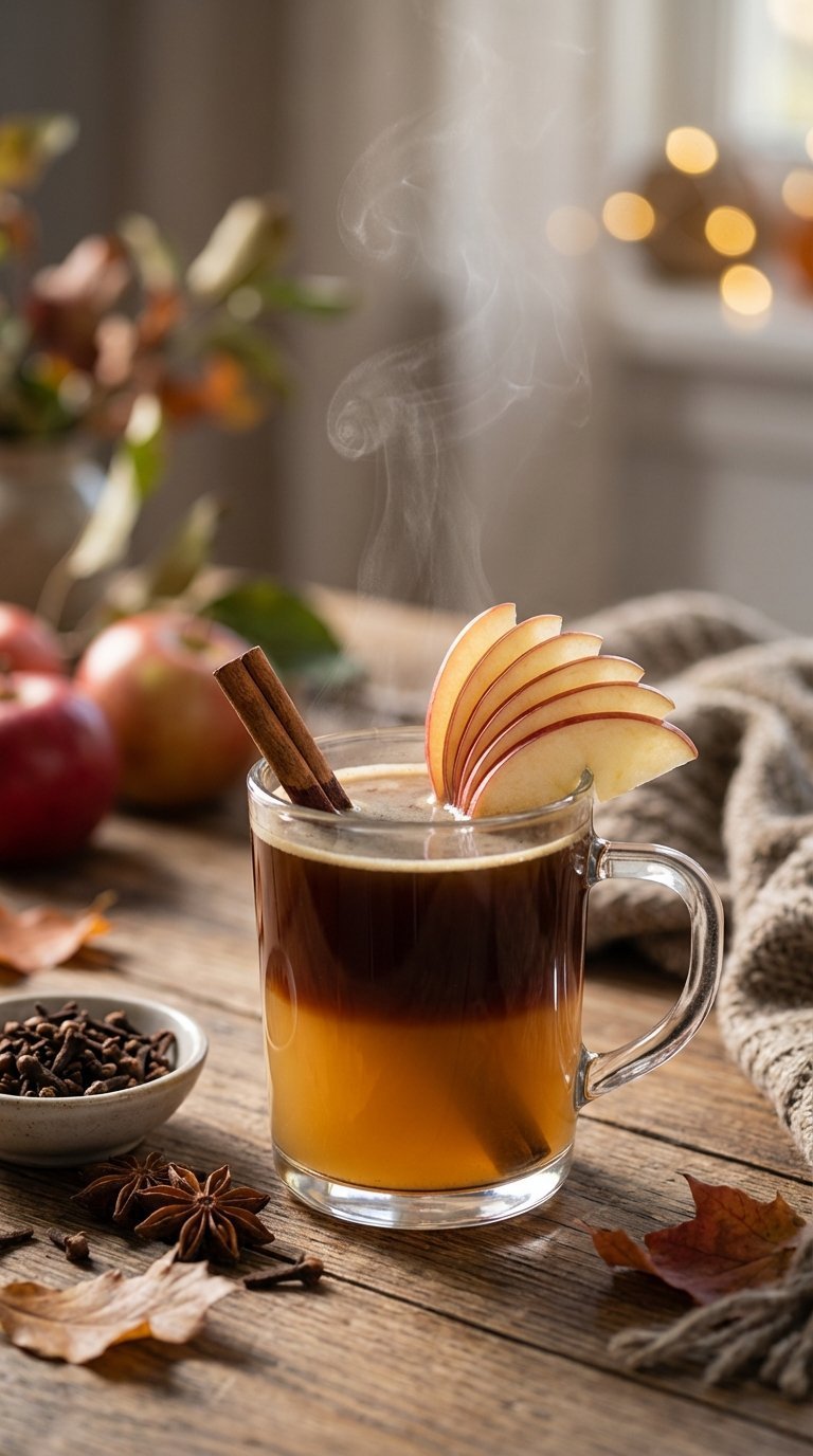 Warm spiced apple coffee in clear glass mug with cinnamon stick and apple slice garnish