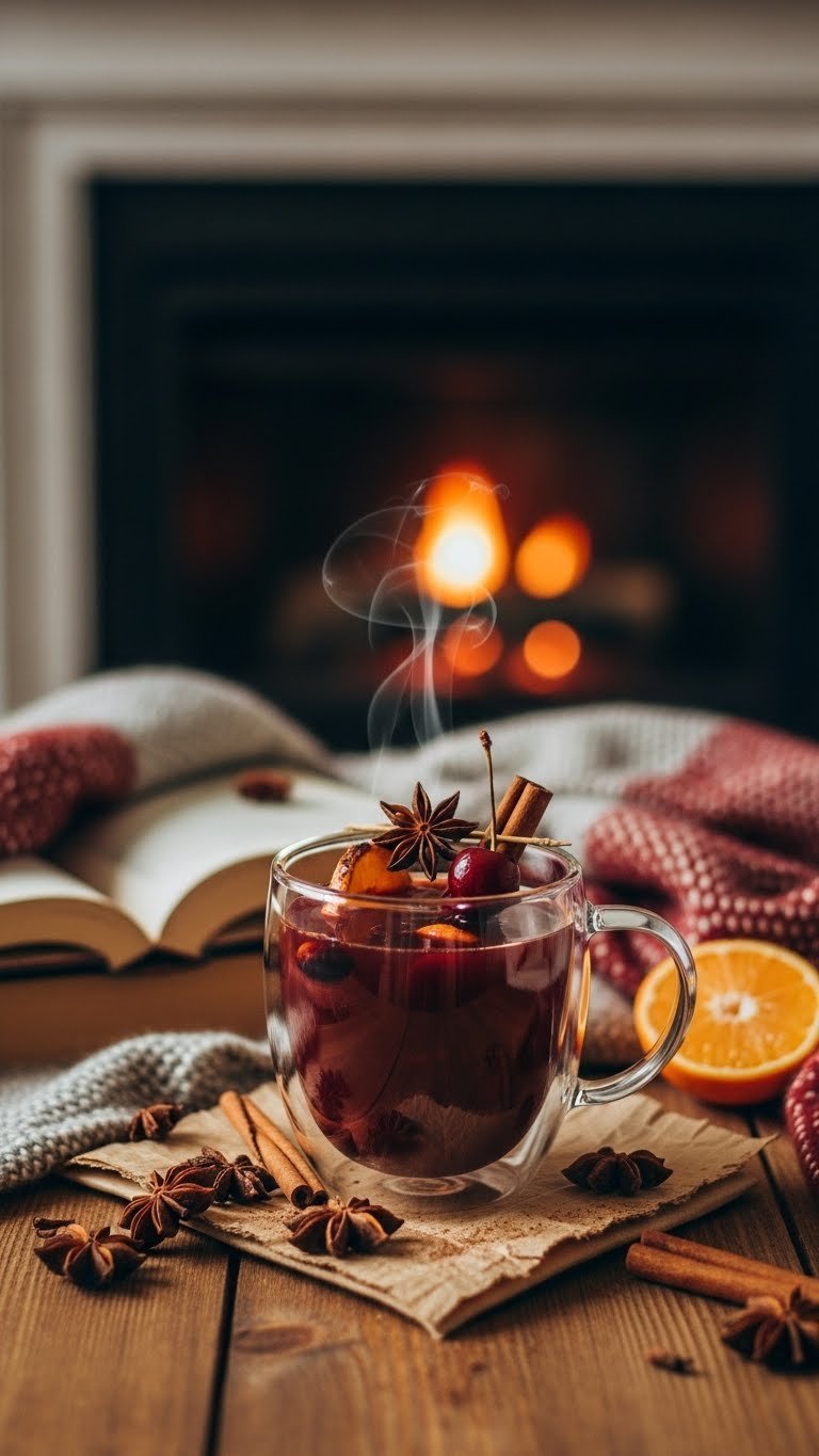 Warm spiced cherry toddy in clear mug with cinnamon stick and star anise garnish on rustic table