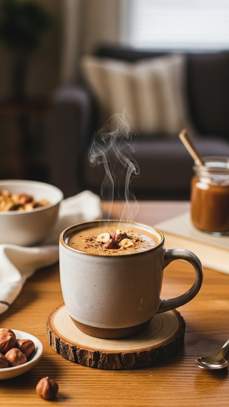 Warm toasted hazelnut coffee creamer in rustic ceramic mug with roasted hazelnuts floating on top