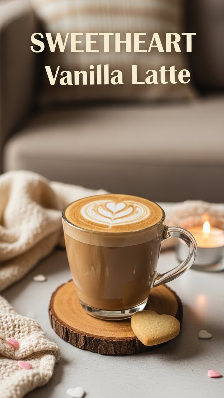 Warm vanilla latte in clear glass mug with heart latte art on rustic wooden coaster in cozy setting
