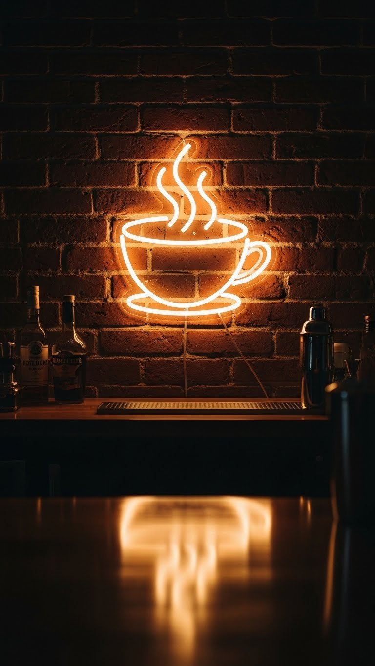 Warm white LED neon coffee cup sign glowing on exposed brick wall with cocktail shaker at dusk