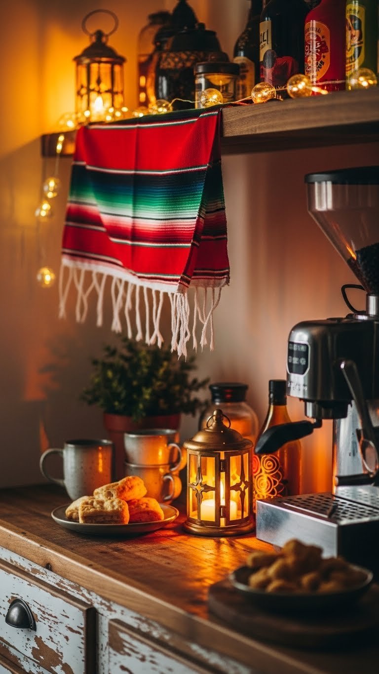 Warmly lit Mexican coffee bar corner with ambient string lights illuminating colorful serape textiles
