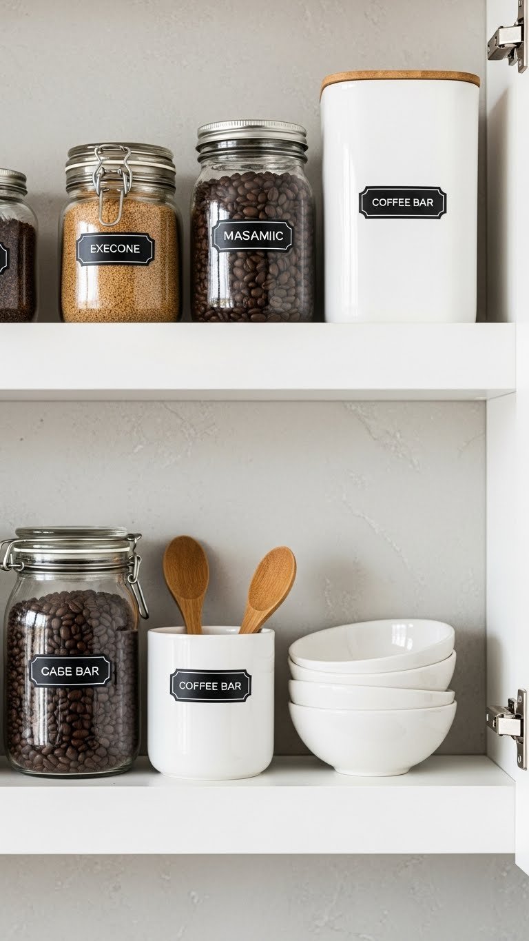 Well-organized coffee bar accessories with mason jars and minimalist storage containers on floating shelves