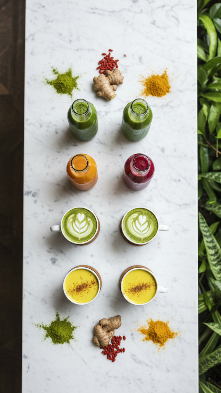 Wellness beverage bar with colorful fresh juices, matcha lattes, and golden milk on marble countertop