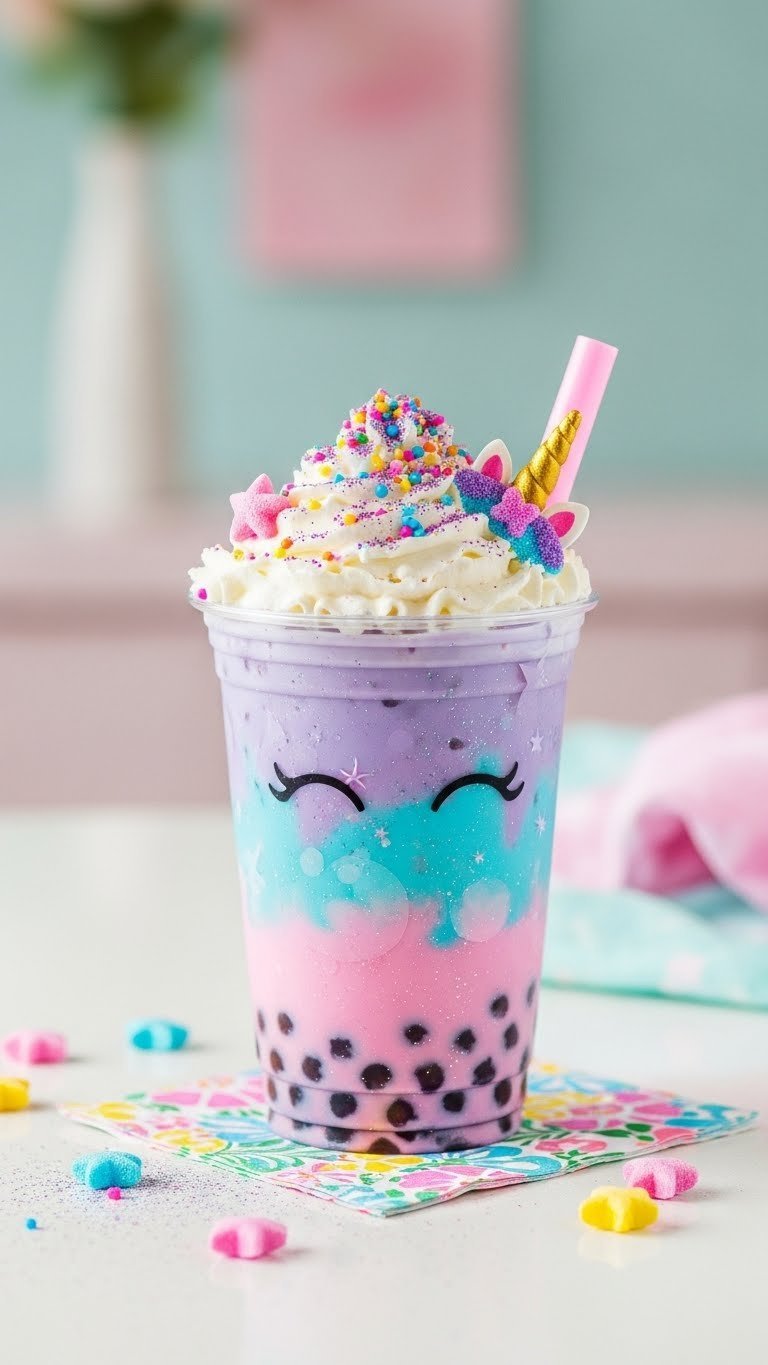 Whimsical Sparkling Unicorn Dream boba with pastel pink-blue-purple layers and unicorn straw on glossy white table