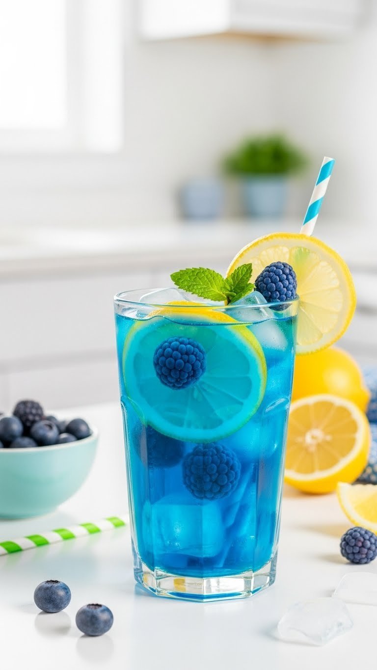 Whimsical bright blue raspberry lemonade in tall glass with blue raspberries, lemon slice, and ice cubes on clean white table