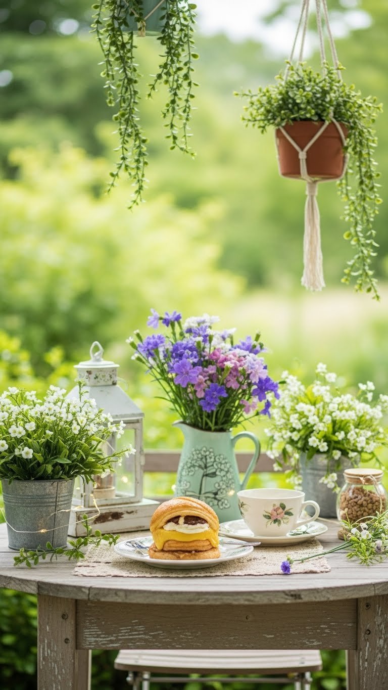 Whimsical garden Toca Boca cafe with lush greenery, floral accents, and enchanting outdoor coffee bar setting