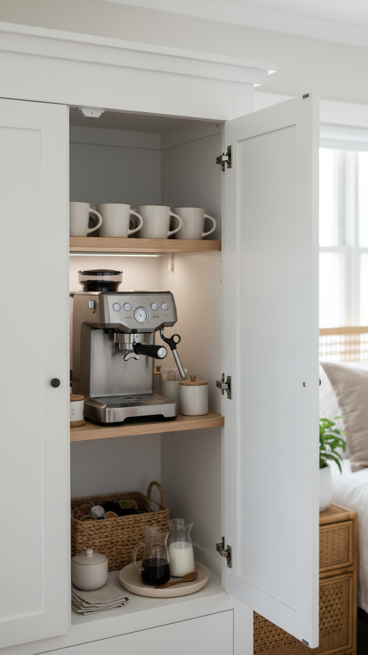 White armoire coffee bar interior with slide-out shelf, coffee maker, and neatly stacked mugs in bright bedroom