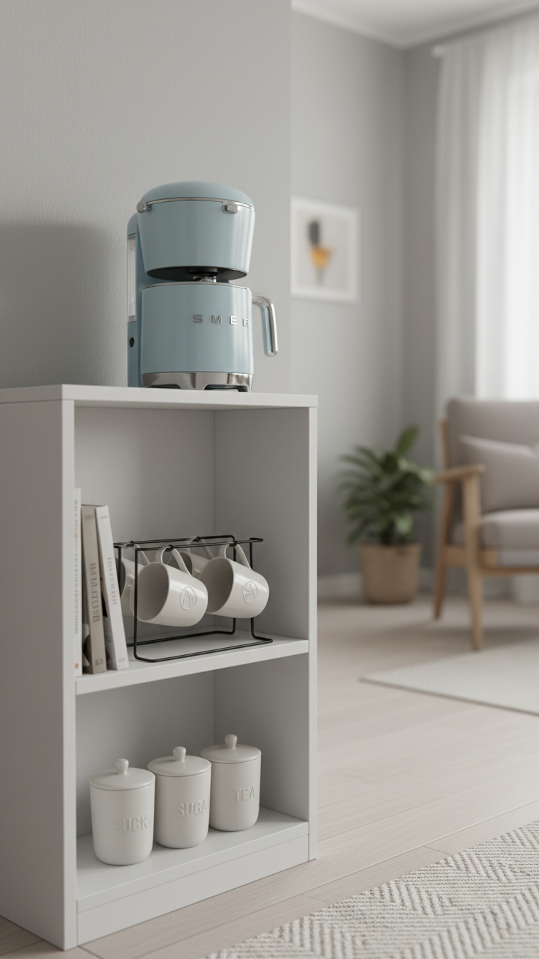 White bookshelf coffee bar with retro Smeg coffee maker and mug display rack against light gray wall