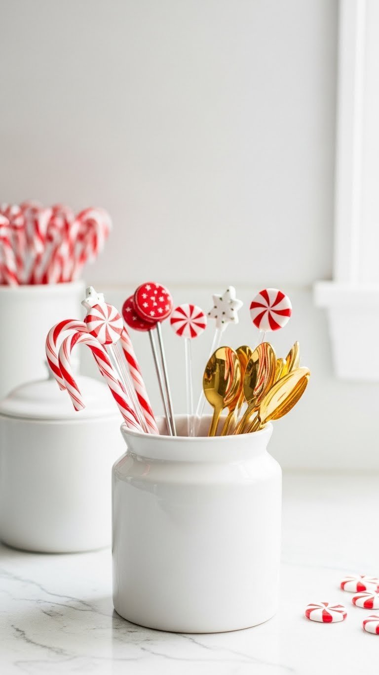 White ceramic crock filled with festive drink stirrers including candy cane spoons and golden demitasse spoons.