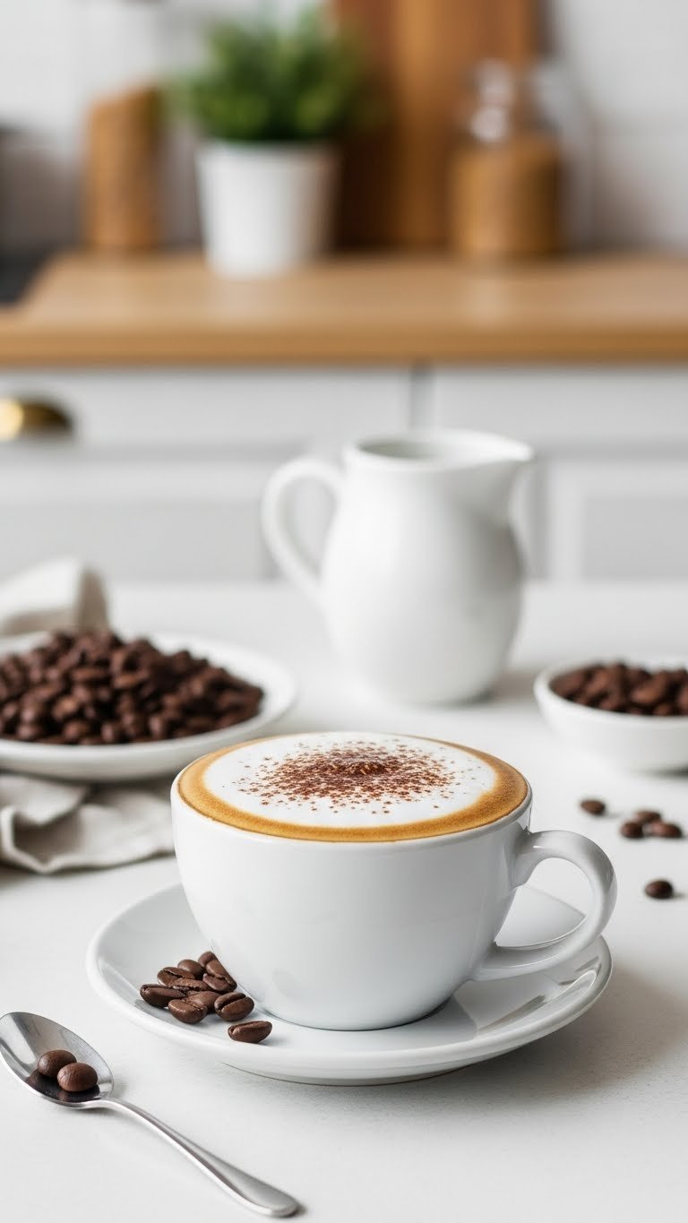 White ceramic cup with frothy cappuccino featuring velvety foam and cocoa dusting