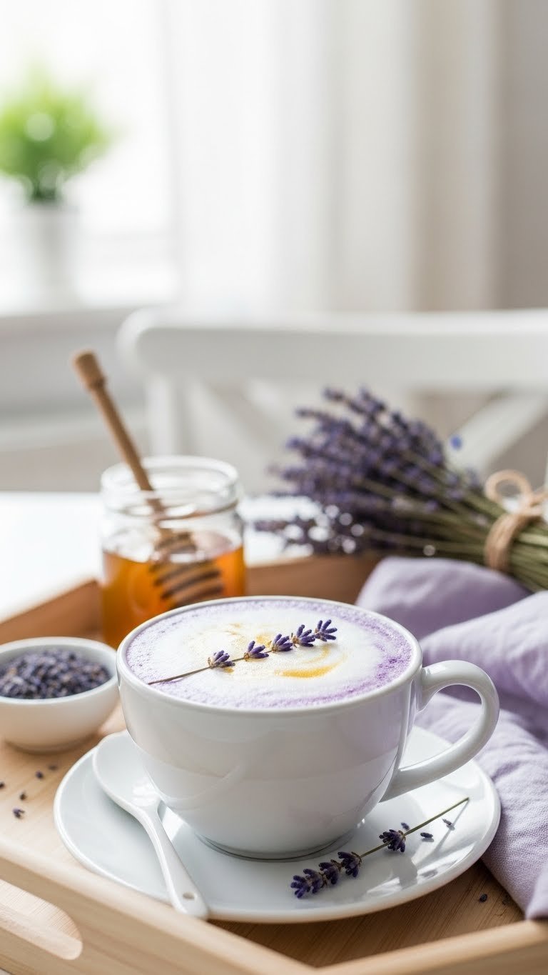 White ceramic mug of delicate lavender honey latte with purple lavender hints and golden honey glow, topped with milk foam.