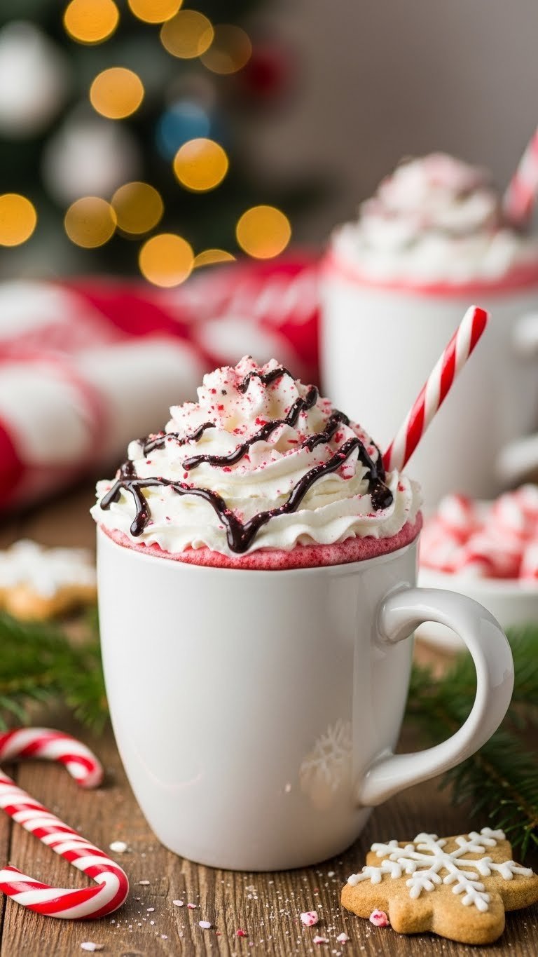 White ceramic mug of festive peppermint mocha with whipped cream, crushed candy canes, and chocolate drizzle on rustic table.