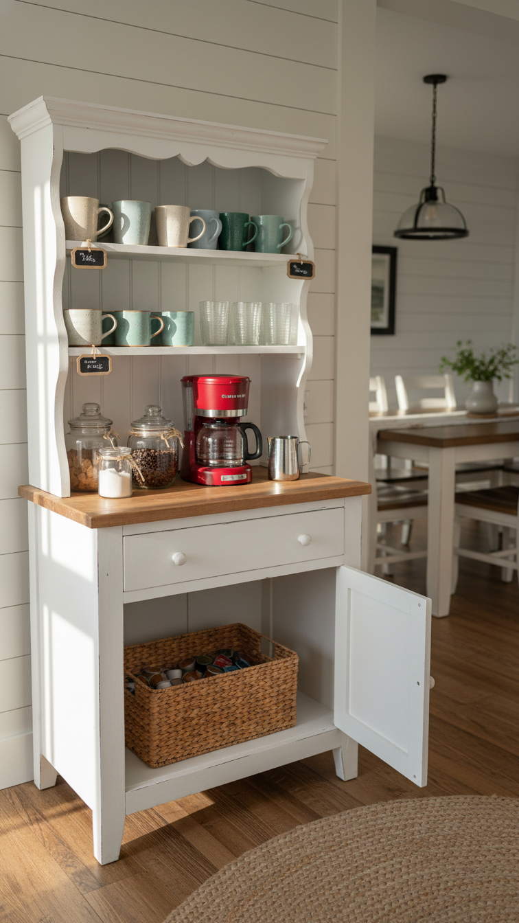 White farmhouse dining hutch repurposed as coffee bar with red retro-style coffee maker and colorful mug collection