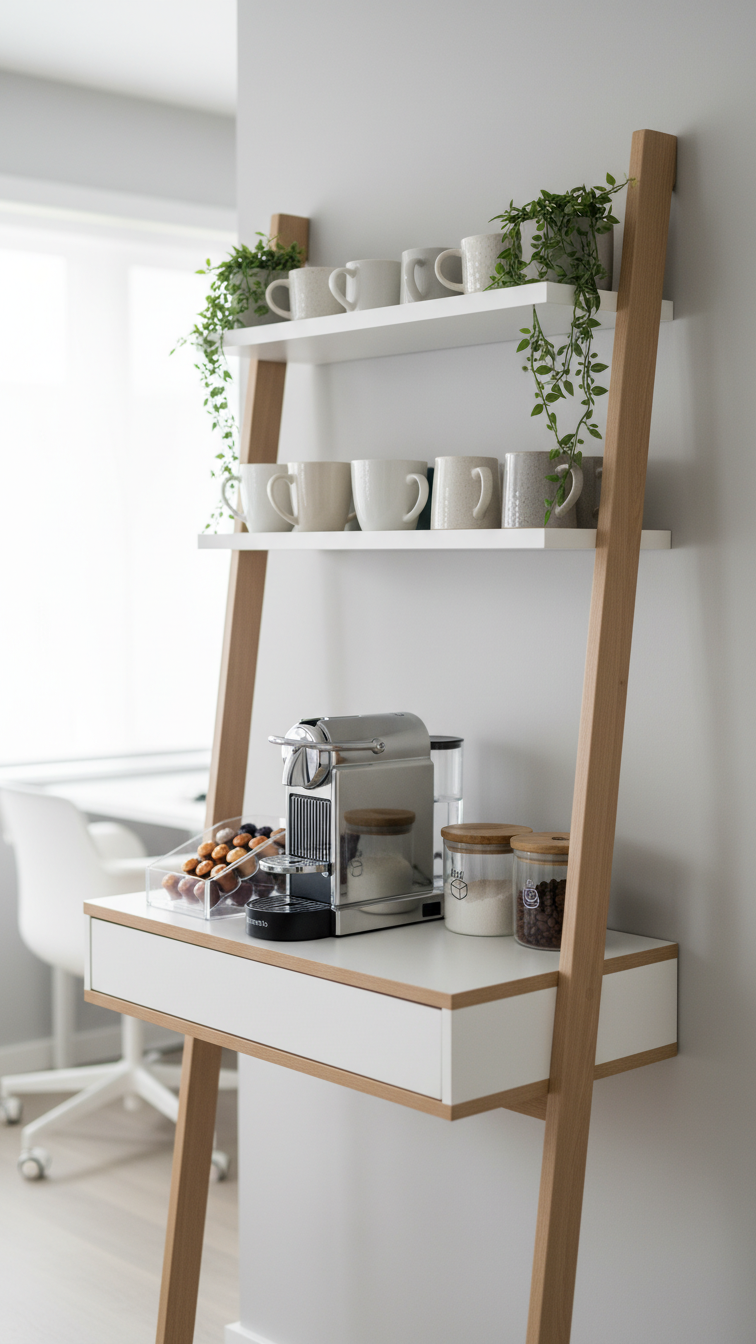 White ladder desk coffee bar with Nespresso machine and pod organizer against light gray bedroom wall