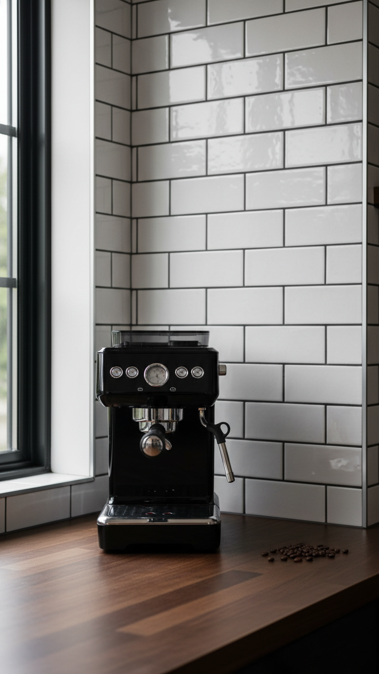 White subway tile backsplash with dark grout behind black espresso machine on coffee bar