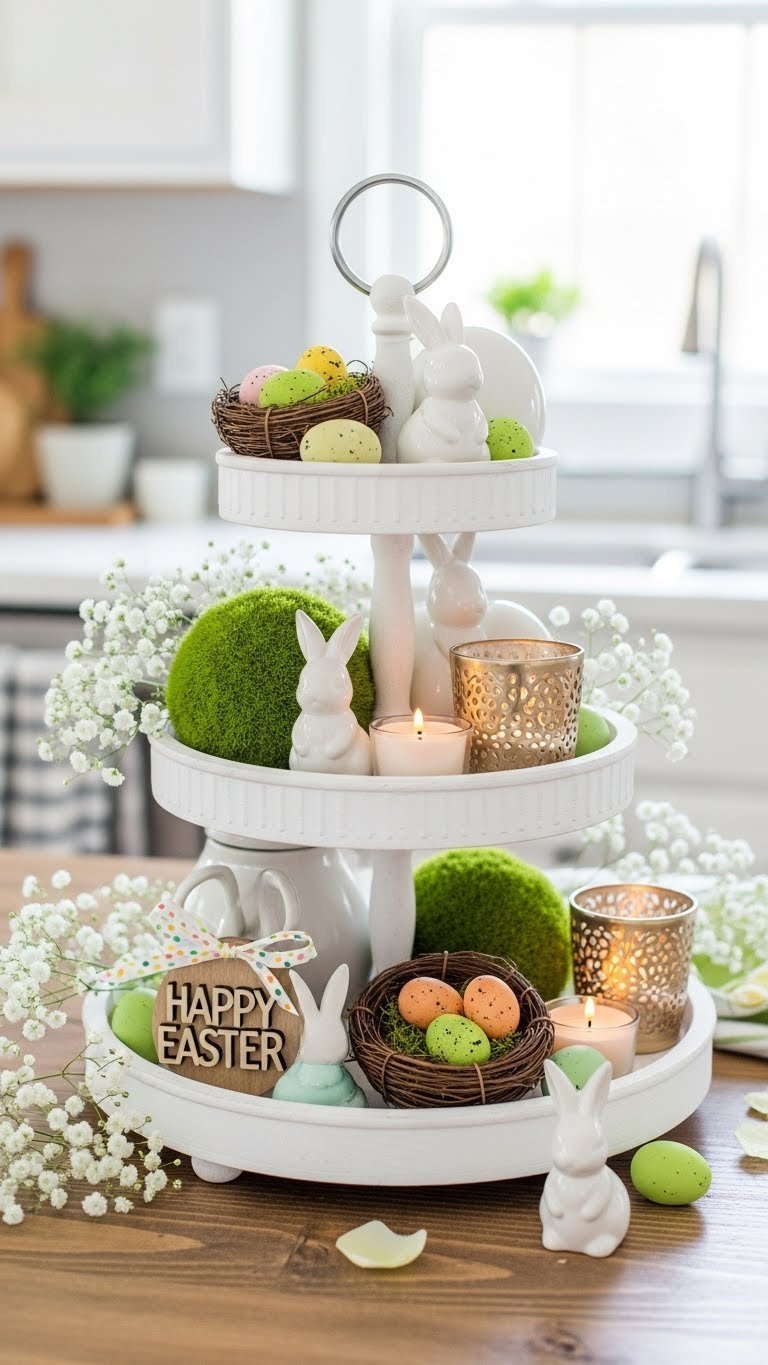 White three-tier tray Easter coffee bar decor with ceramic bunnies, nests, moss balls, and tea light holders