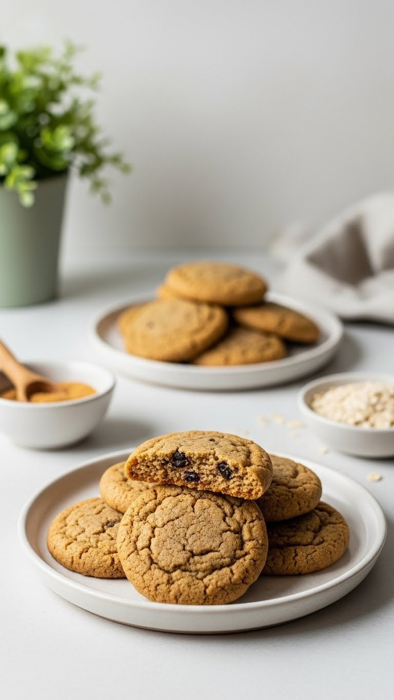Wholesome low-sugar coffee cookies on a simple ceramic plate, with alternative sweetener and a green plant.