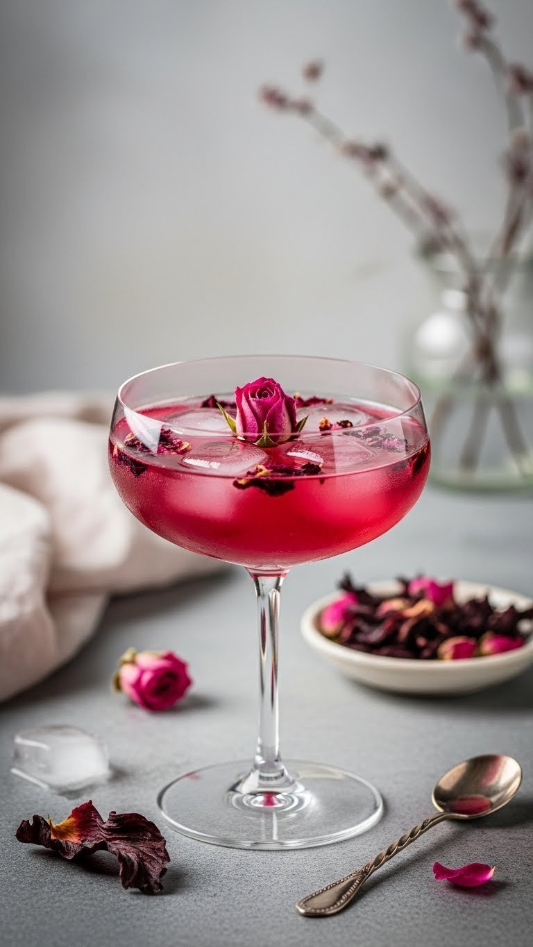 Wide coupe glass with translucent pink hibiscus rose refresher and dried rose petals