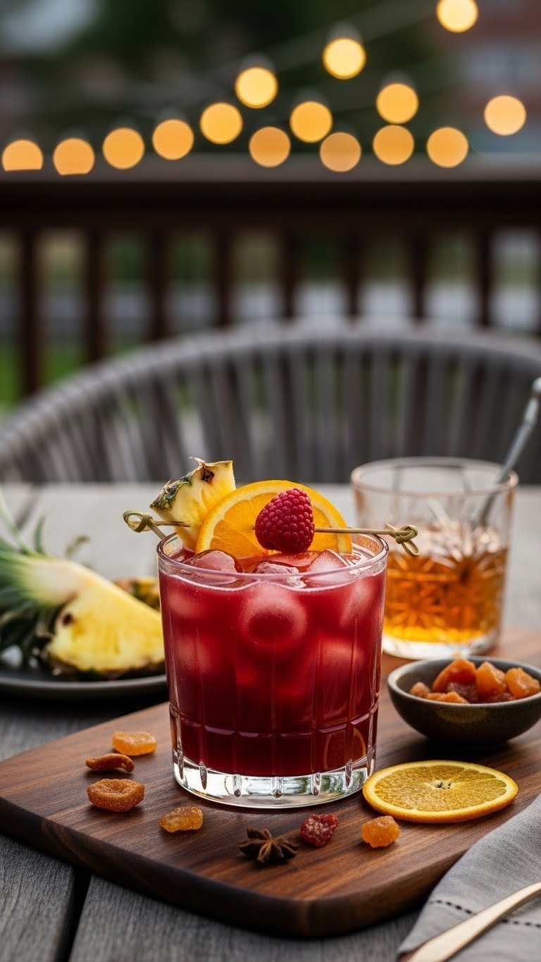 Wide glass of ruby red rum punch cocktail with tropical fruit slices on dark wooden serving board
