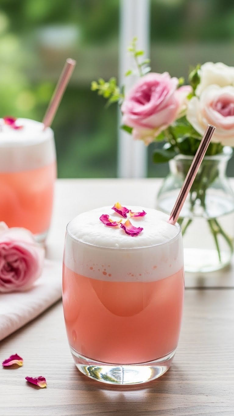 Wide-mouthed glass with pale pink rosewater cloud lemonade topped with fluffy white foam and edible rose petals