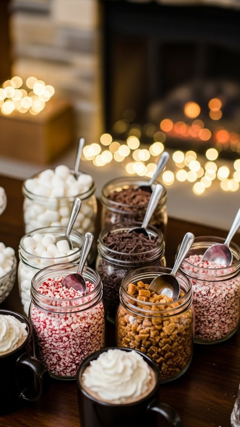 Winter wedding hot chocolate bar with apothecary jars of toppings like marshmallows and chocolate shavings by fireplace