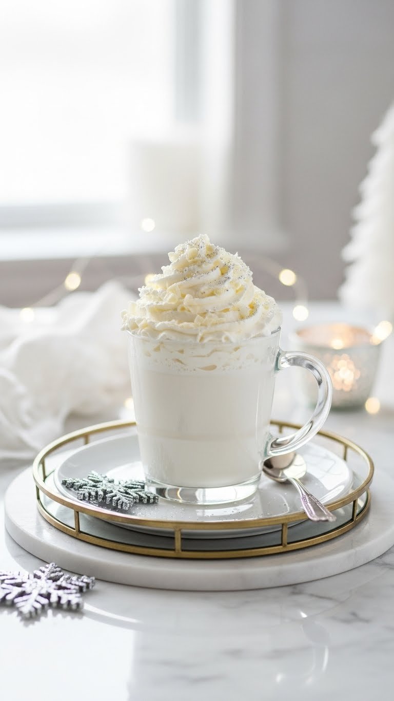 Winter wonderland white chocolate coffee with fluffy whipped cream and silver glitter on mirrored tray