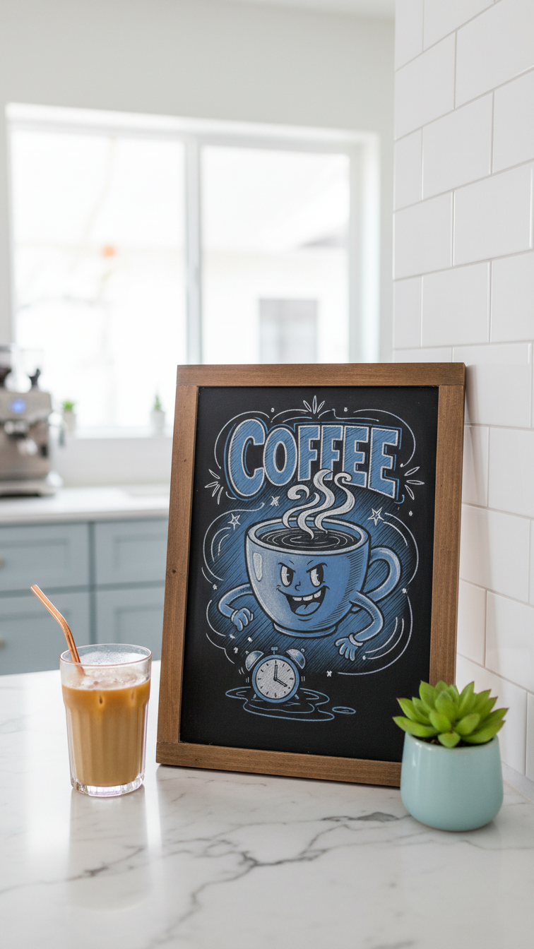 Witty coffee quote chalkboard art with playful fonts displayed close-up with iced coffee glass and succulent on marble countertop