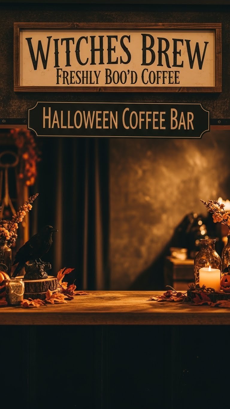 Wooden Halloween coffee sign with spooky quote positioned above rustic coffee bar counter